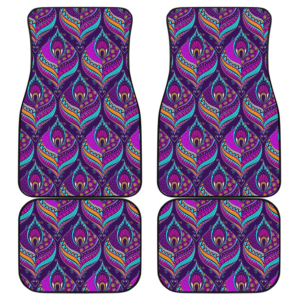 Purple Bohemian Peacock Feather Print Front and Back Car Floor Mats