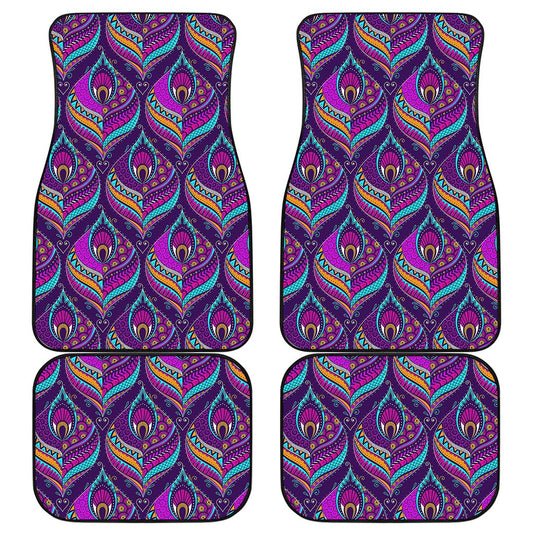 Purple Bohemian Peacock Feather Print Front and Back Car Floor Mats