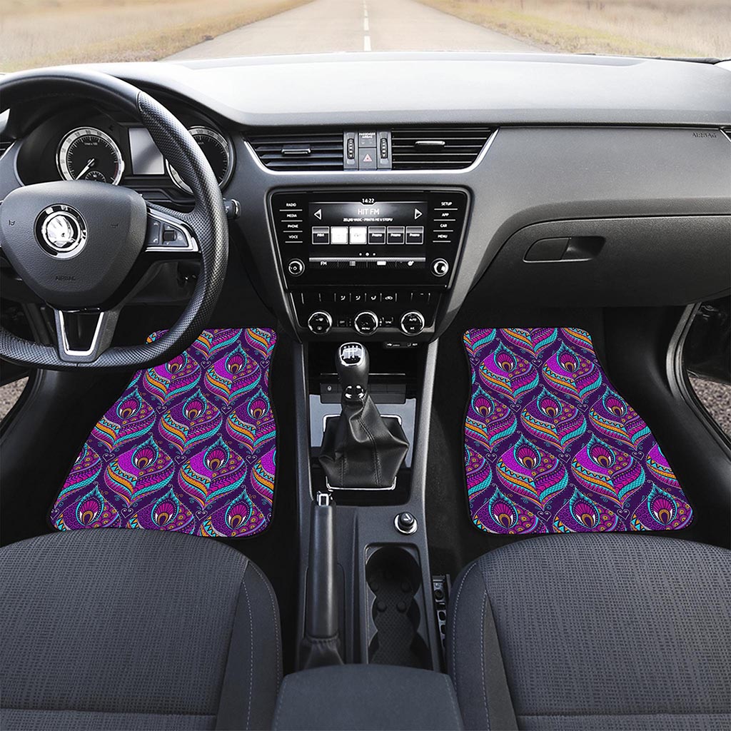 Purple Bohemian Peacock Feather Print Front and Back Car Floor Mats