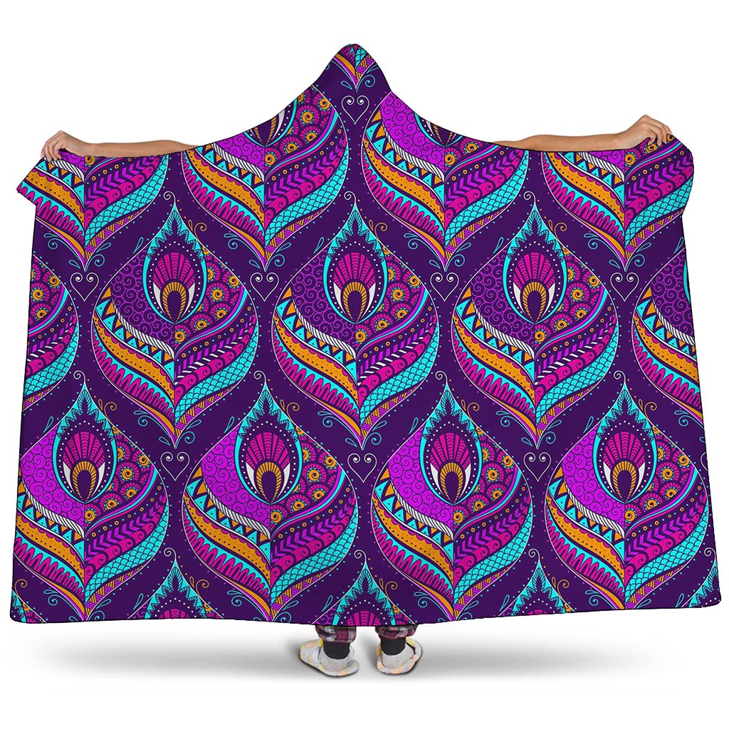 Purple Bohemian Peacock Feather Print Hooded Blanket
