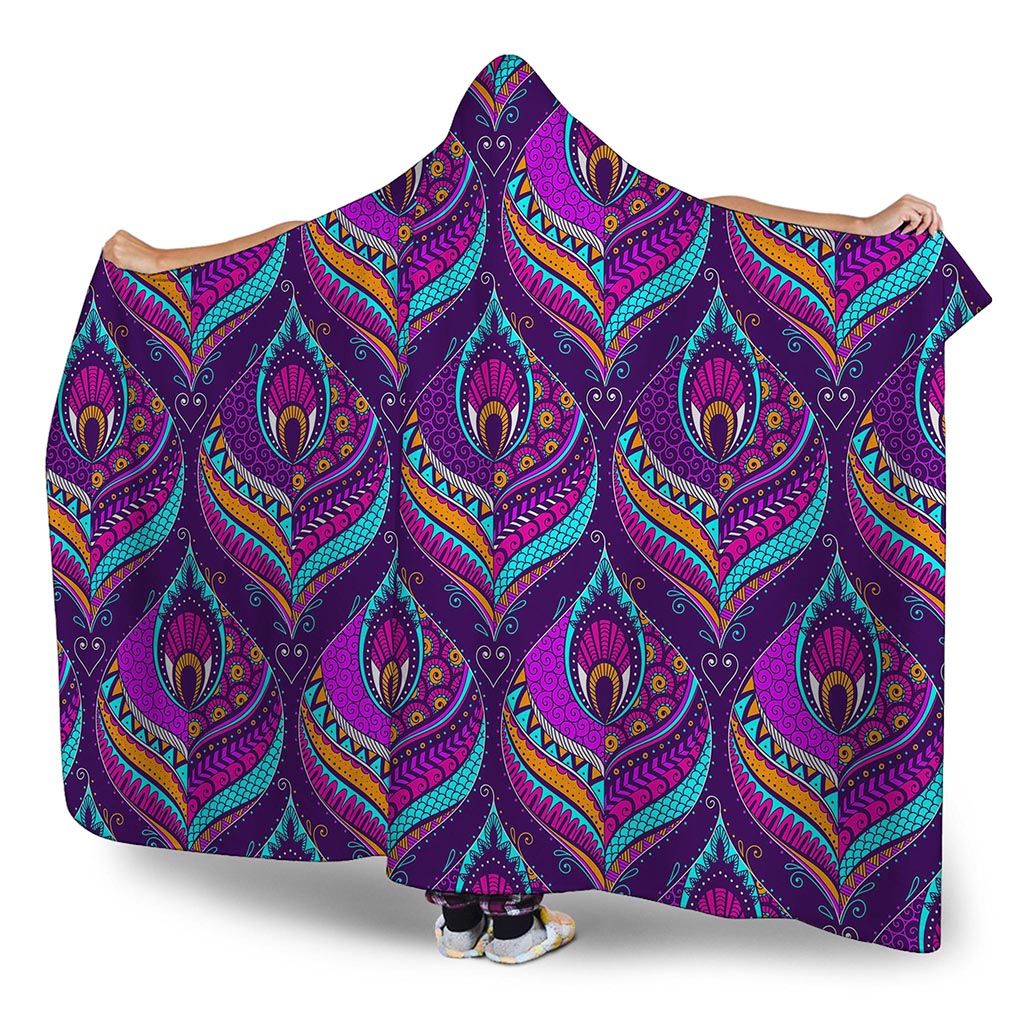 Purple Bohemian Peacock Feather Print Hooded Blanket