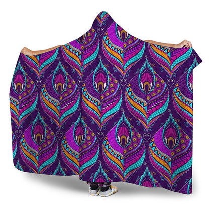 Purple Bohemian Peacock Feather Print Hooded Blanket