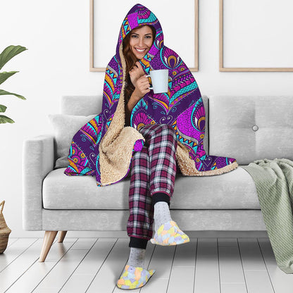 Purple Bohemian Peacock Feather Print Hooded Blanket
