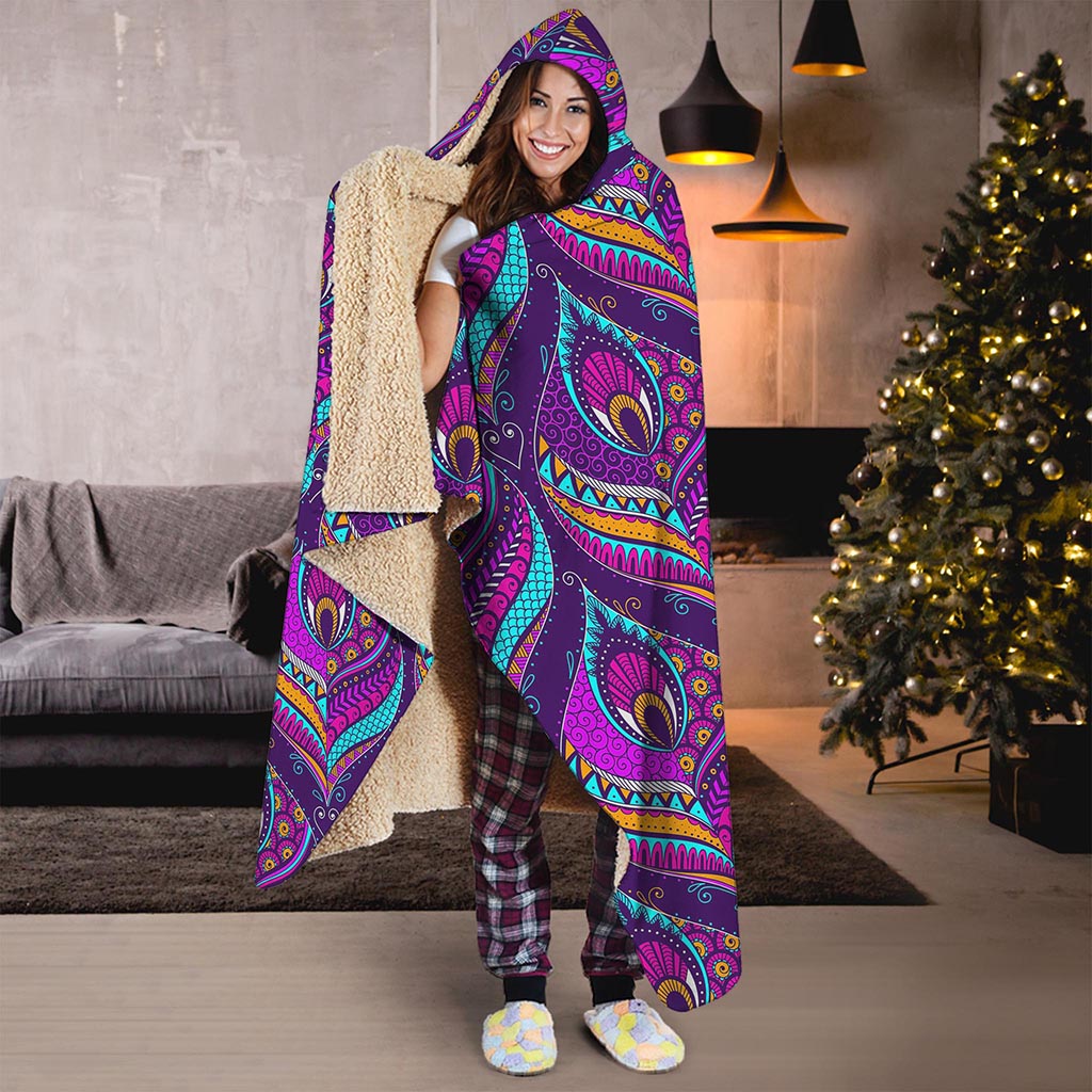 Purple Bohemian Peacock Feather Print Hooded Blanket
