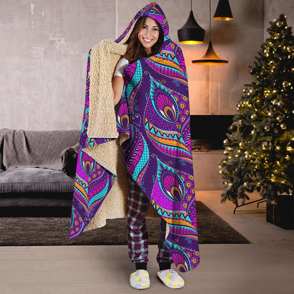 Purple Bohemian Peacock Feather Print Hooded Blanket