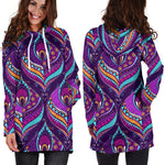Purple Bohemian Peacock Feather Print Hoodie Dress GearFrost