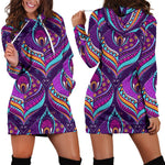 Purple Bohemian Peacock Feather Print Hoodie Dress GearFrost