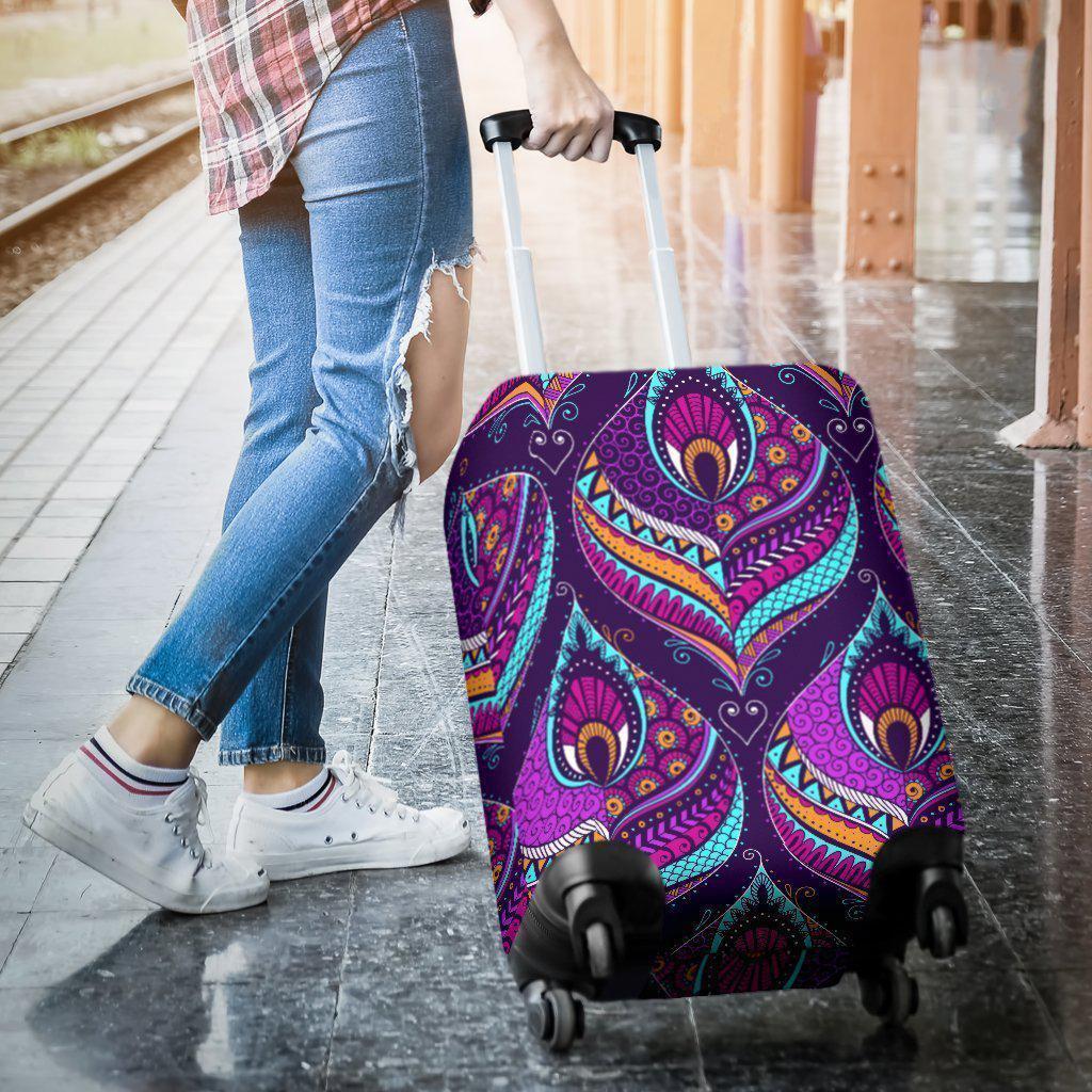 Purple Bohemian Peacock Feather Print Luggage Cover GearFrost