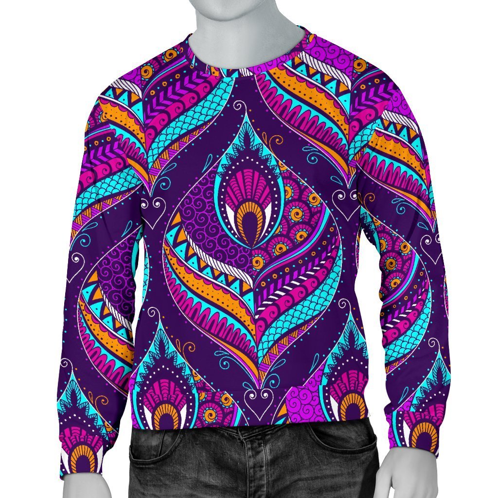 Purple Bohemian Peacock Feather Print Men's Crewneck Sweatshirt GearFrost