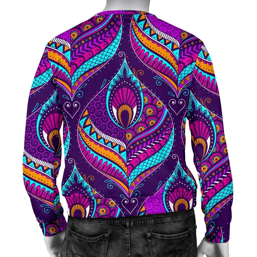 Purple Bohemian Peacock Feather Print Men's Crewneck Sweatshirt GearFrost