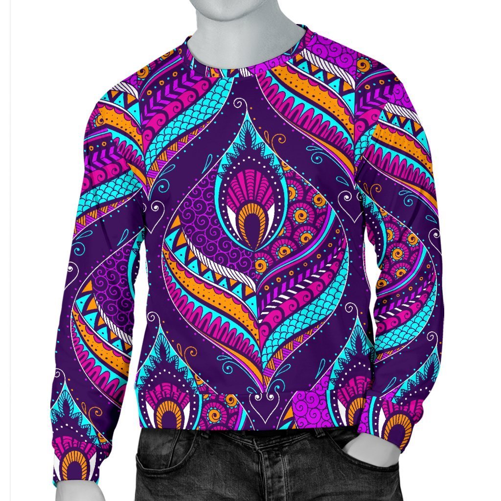 Purple Bohemian Peacock Feather Print Men's Crewneck Sweatshirt GearFrost