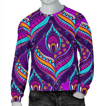 Purple Bohemian Peacock Feather Print Men's Crewneck Sweatshirt GearFrost