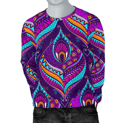 Purple Bohemian Peacock Feather Print Men's Crewneck Sweatshirt GearFrost