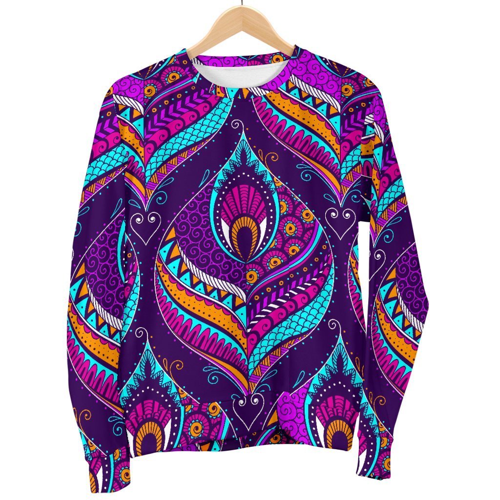 Purple Bohemian Peacock Feather Print Men's Crewneck Sweatshirt GearFrost