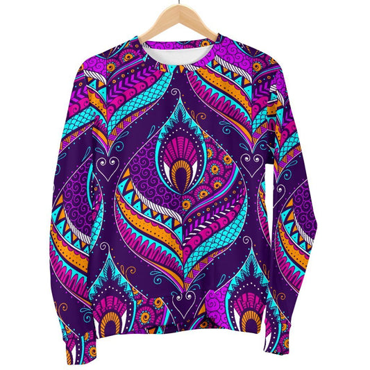 Purple Bohemian Peacock Feather Print Men's Crewneck Sweatshirt GearFrost