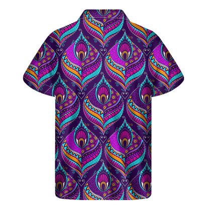 Purple Bohemian Peacock Feather Print Men's Short Sleeve Shirt