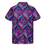 Purple Bohemian Peacock Feather Print Men's Short Sleeve Shirt