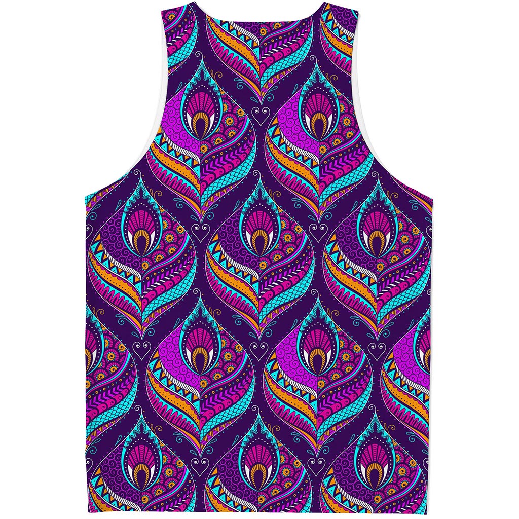 Purple Bohemian Peacock Feather Print Men's Tank Top