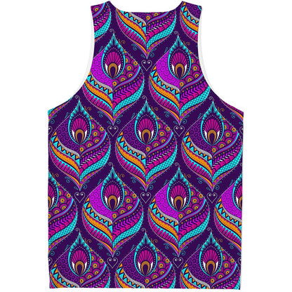 Purple Bohemian Peacock Feather Print Men's Tank Top