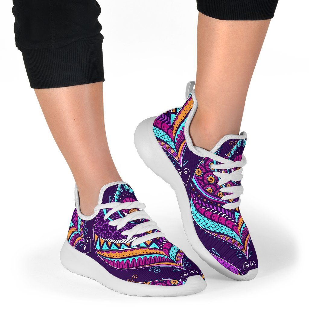 Purple Bohemian Peacock Feather Print Mesh Knit Shoes GearFrost