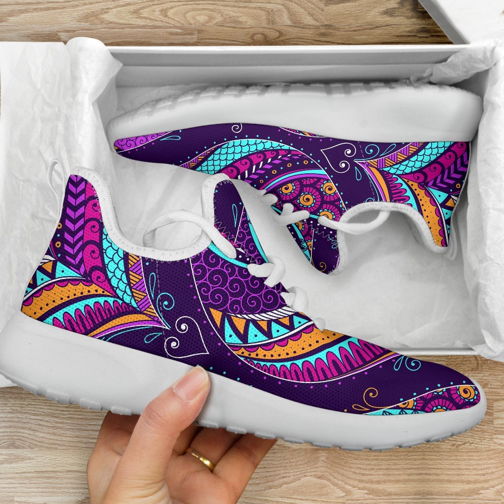 Purple Bohemian Peacock Feather Print Mesh Knit Shoes GearFrost