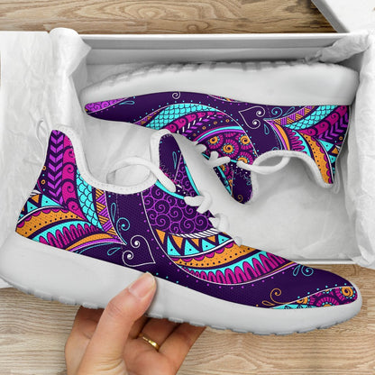 Purple Bohemian Peacock Feather Print Mesh Knit Shoes GearFrost
