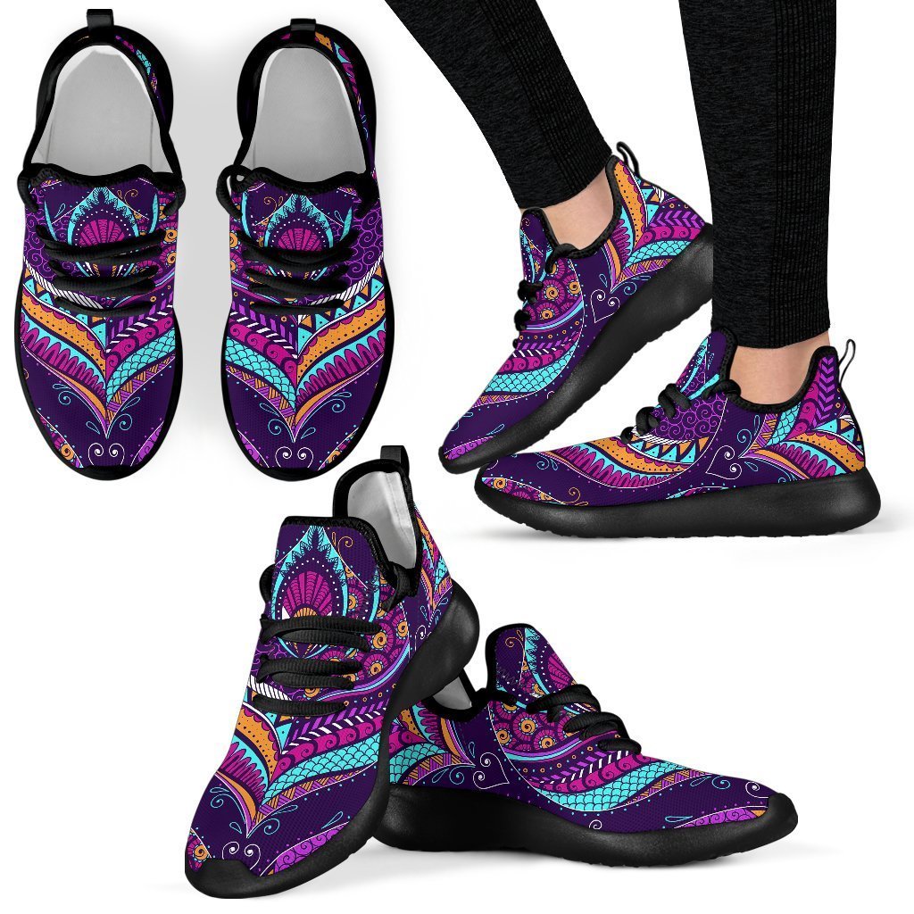 Purple Bohemian Peacock Feather Print Mesh Knit Shoes GearFrost