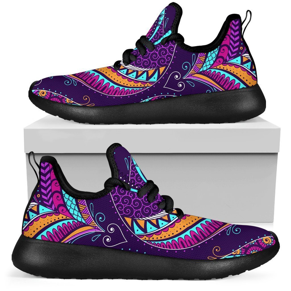 Purple Bohemian Peacock Feather Print Mesh Knit Shoes GearFrost