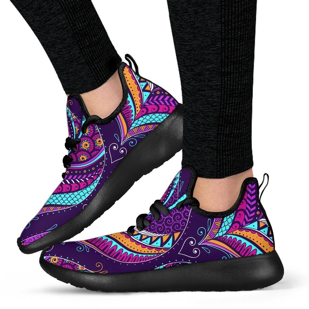 Purple Bohemian Peacock Feather Print Mesh Knit Shoes GearFrost