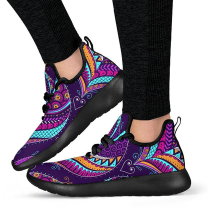 Purple Bohemian Peacock Feather Print Mesh Knit Shoes GearFrost