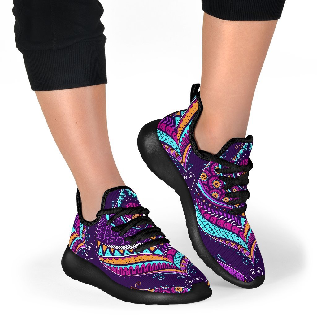 Purple Bohemian Peacock Feather Print Mesh Knit Shoes GearFrost