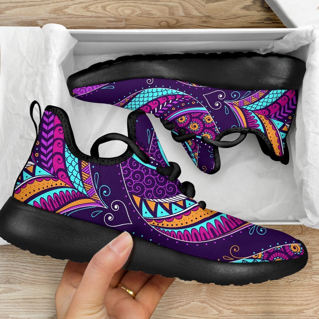 Purple Bohemian Peacock Feather Print Mesh Knit Shoes GearFrost