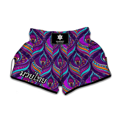 Purple Bohemian Peacock Feather Print Muay Thai Boxing Shorts