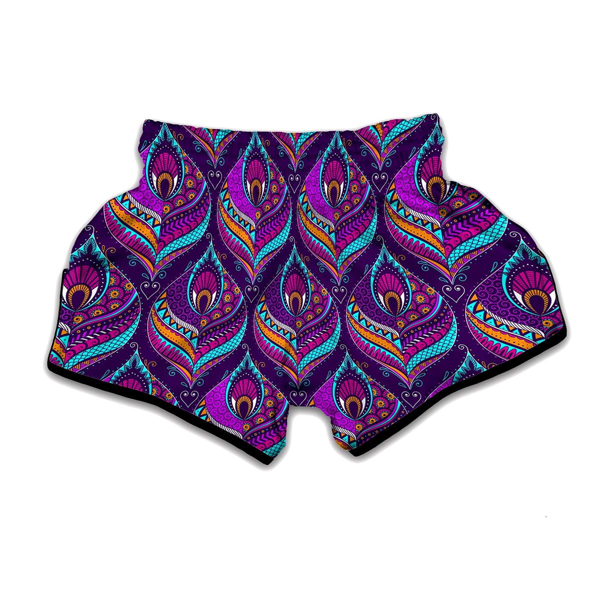 Purple Bohemian Peacock Feather Print Muay Thai Boxing Shorts