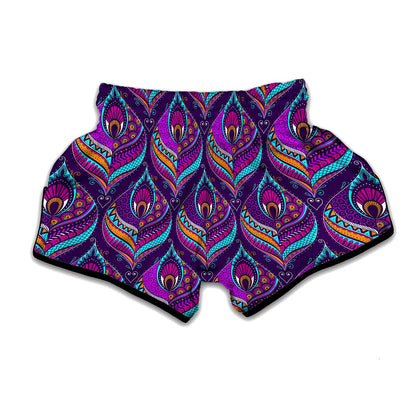 Purple Bohemian Peacock Feather Print Muay Thai Boxing Shorts
