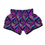 Purple Bohemian Peacock Feather Print Muay Thai Boxing Shorts