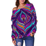 Purple Bohemian Peacock Feather Print Off Shoulder Sweatshirt GearFrost