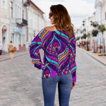 Purple Bohemian Peacock Feather Print Off Shoulder Sweatshirt GearFrost
