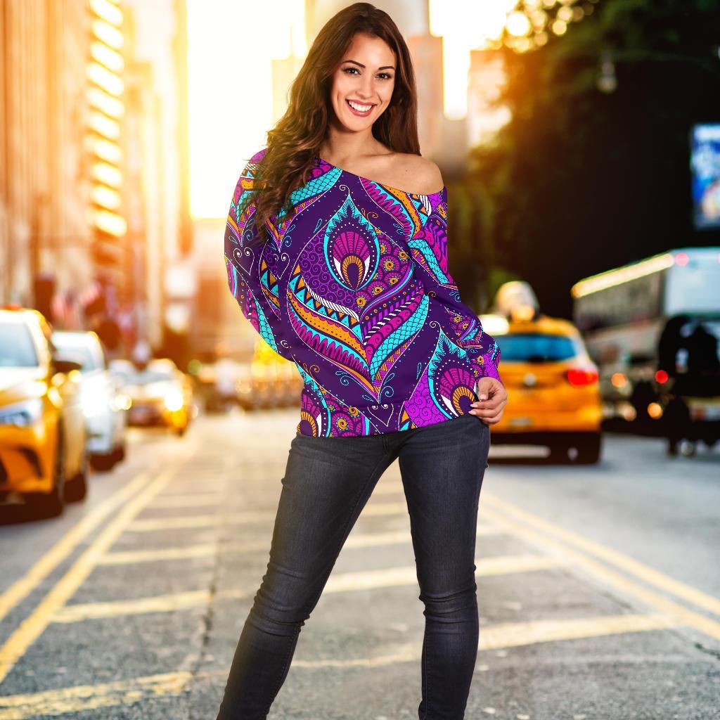 Purple Bohemian Peacock Feather Print Off Shoulder Sweatshirt GearFrost