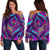 Purple Bohemian Peacock Feather Print Off Shoulder Sweatshirt GearFrost