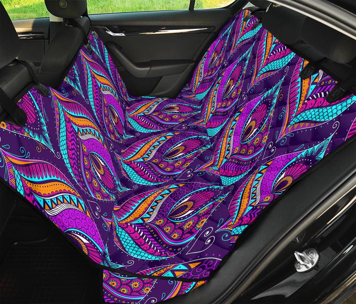Purple Bohemian Peacock Feather Print Pet Car Back Seat Cover