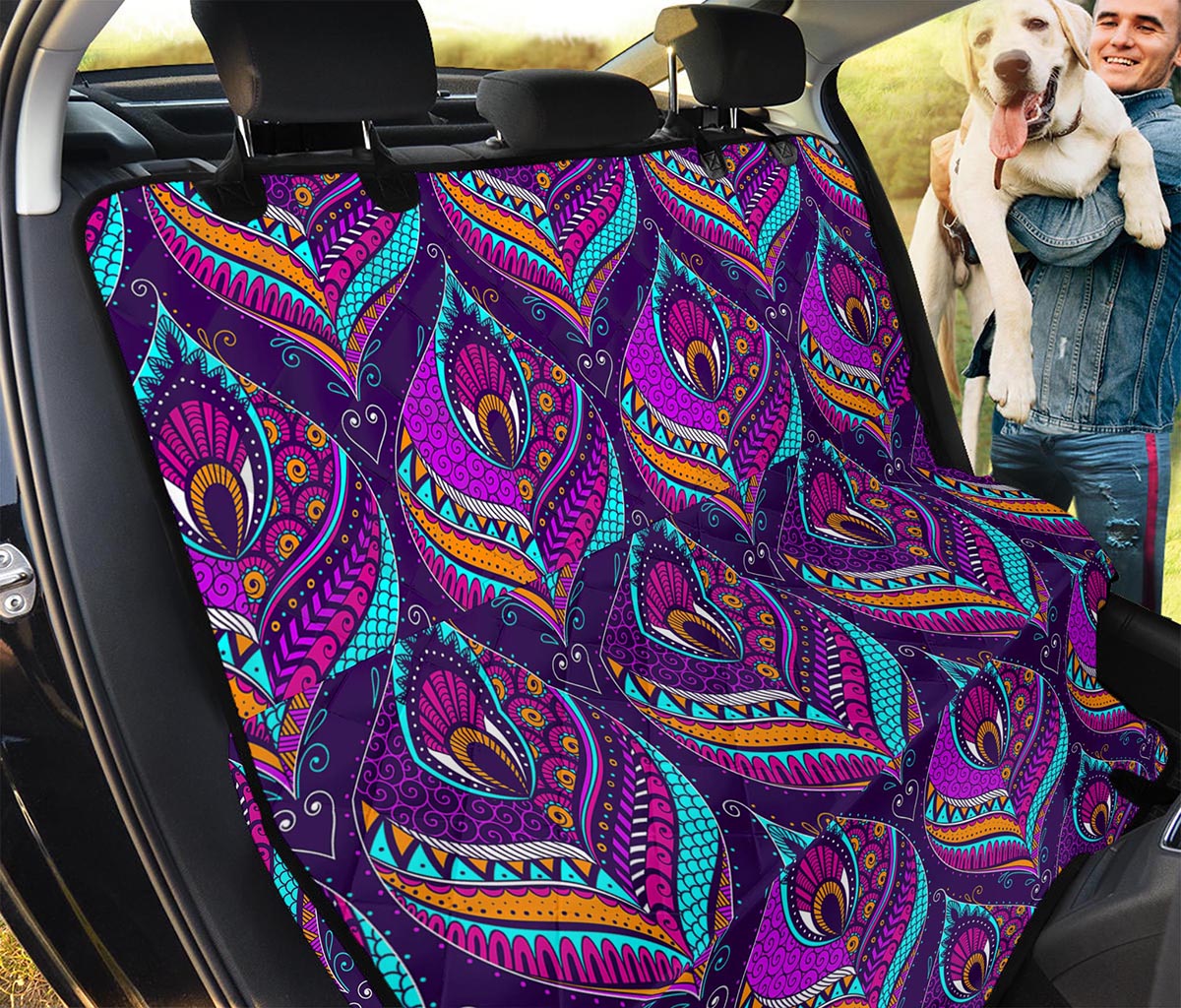 Purple Bohemian Peacock Feather Print Pet Car Back Seat Cover