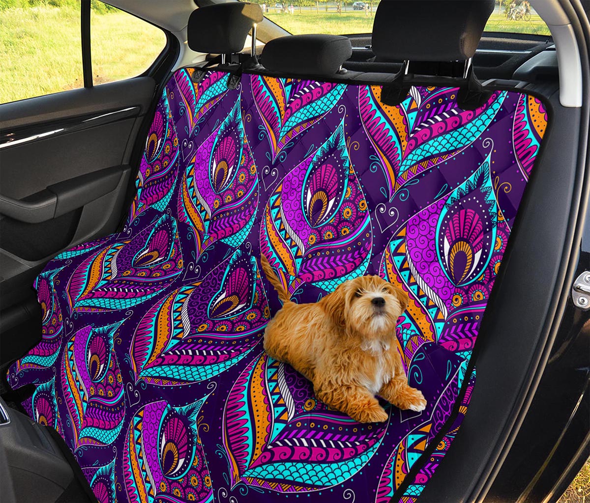 Purple Bohemian Peacock Feather Print Pet Car Back Seat Cover