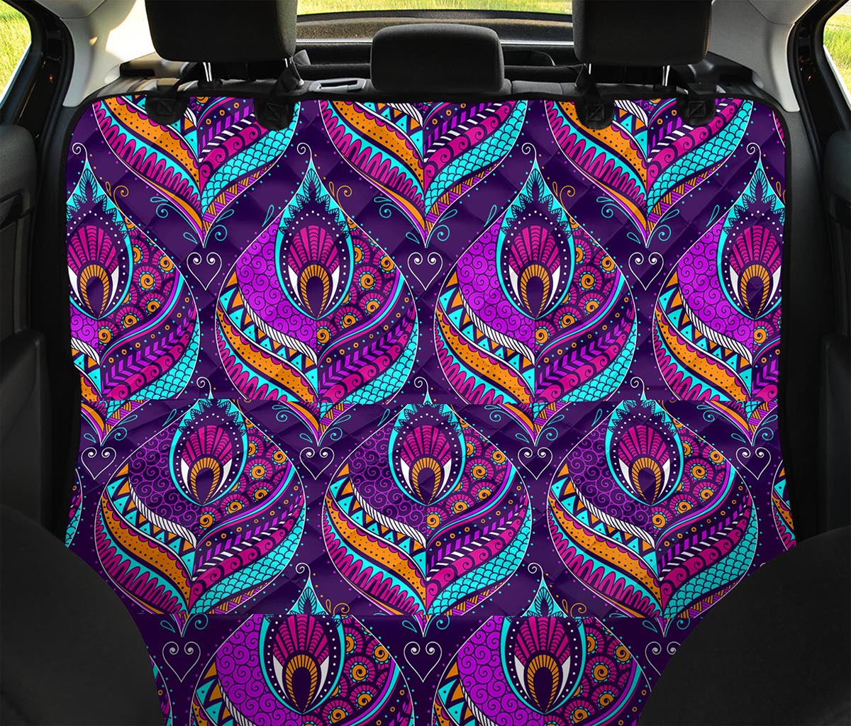 Purple Bohemian Peacock Feather Print Pet Car Back Seat Cover