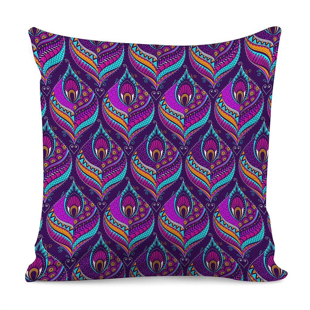 Purple Bohemian Peacock Feather Print Pillow Cover