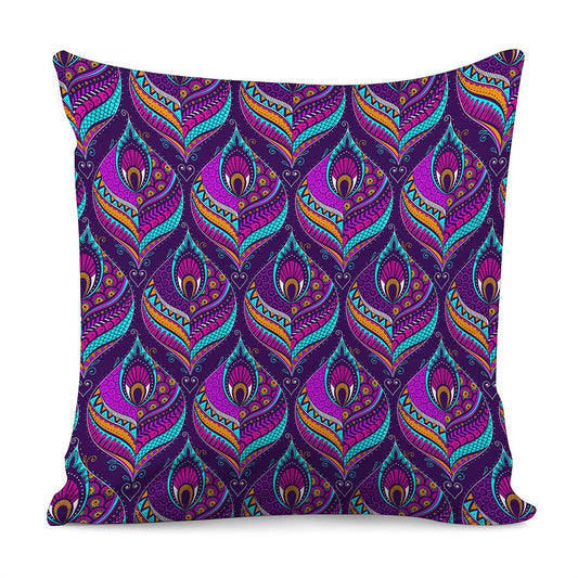 Purple Bohemian Peacock Feather Print Pillow Cover