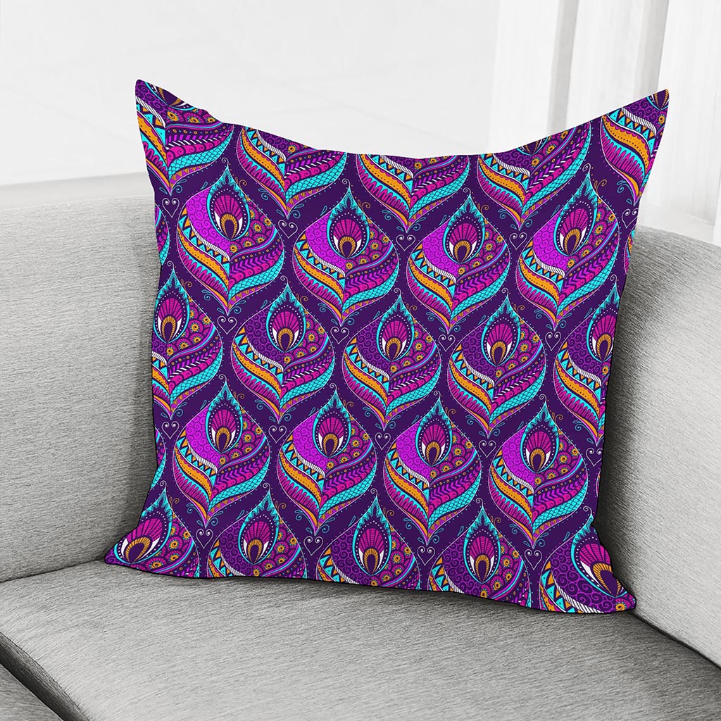 Purple Bohemian Peacock Feather Print Pillow Cover