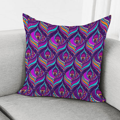 Purple Bohemian Peacock Feather Print Pillow Cover
