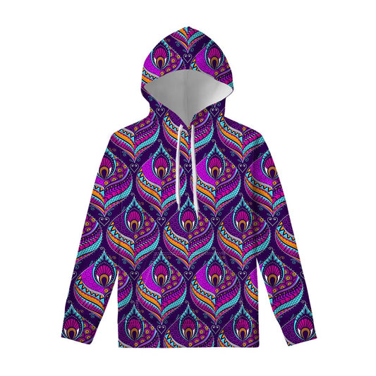 Purple Bohemian Peacock Feather Print Pullover Hoodie
