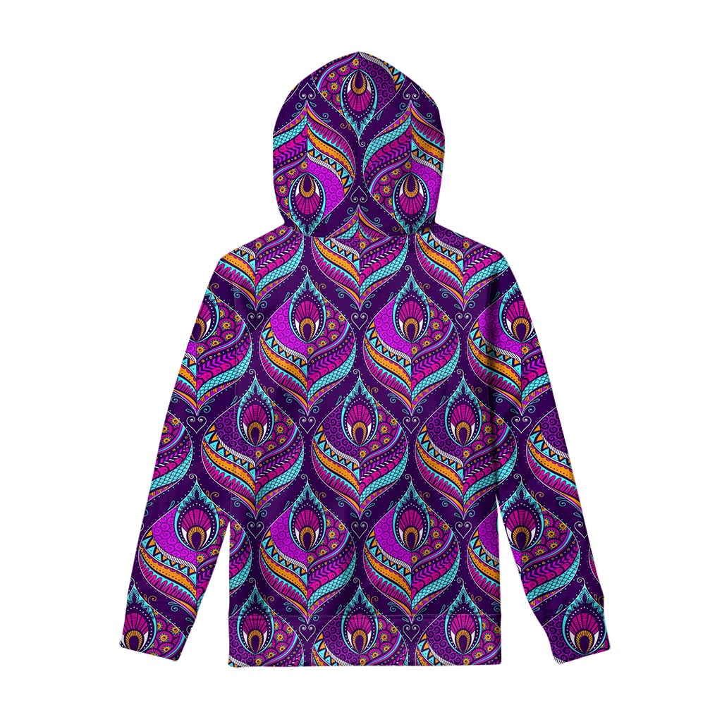 Purple Bohemian Peacock Feather Print Pullover Hoodie